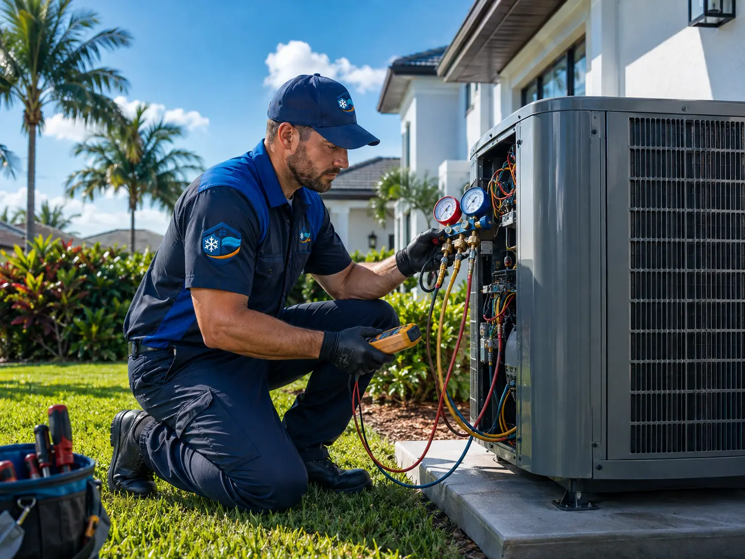 AC technician using refrigerant gauges to diagnose an outdoor condenser at a Cape Coral home