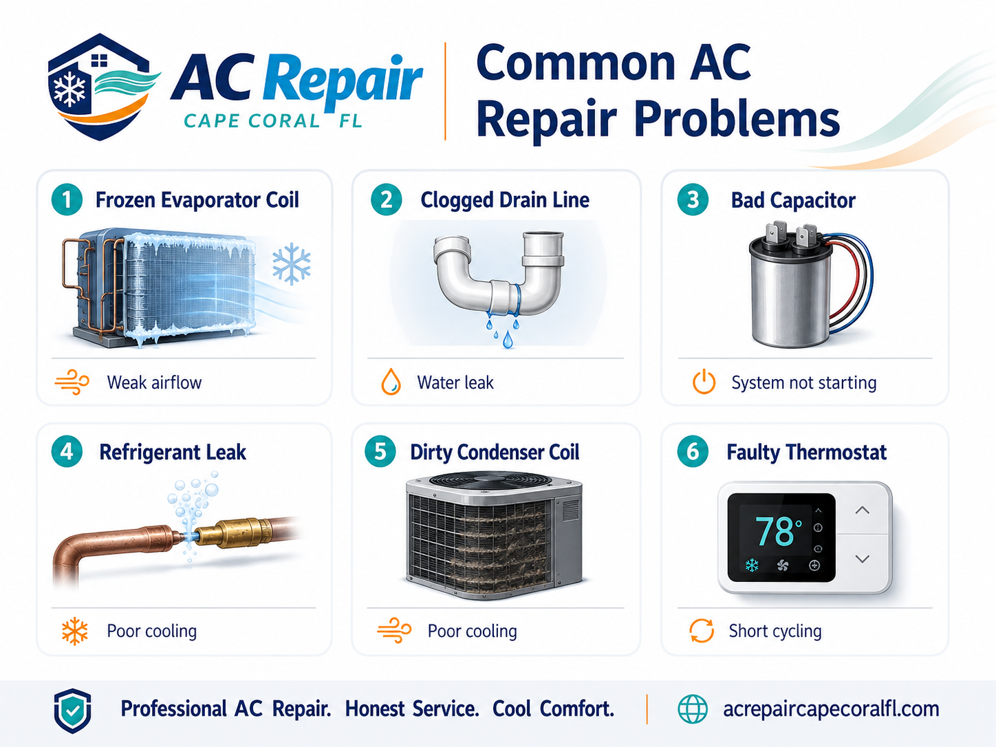 Diagram of six common AC repair problems: frozen evaporator coil, clogged drain line, bad capacitor, refrigerant leak, dirty condenser coil and faulty thermostat