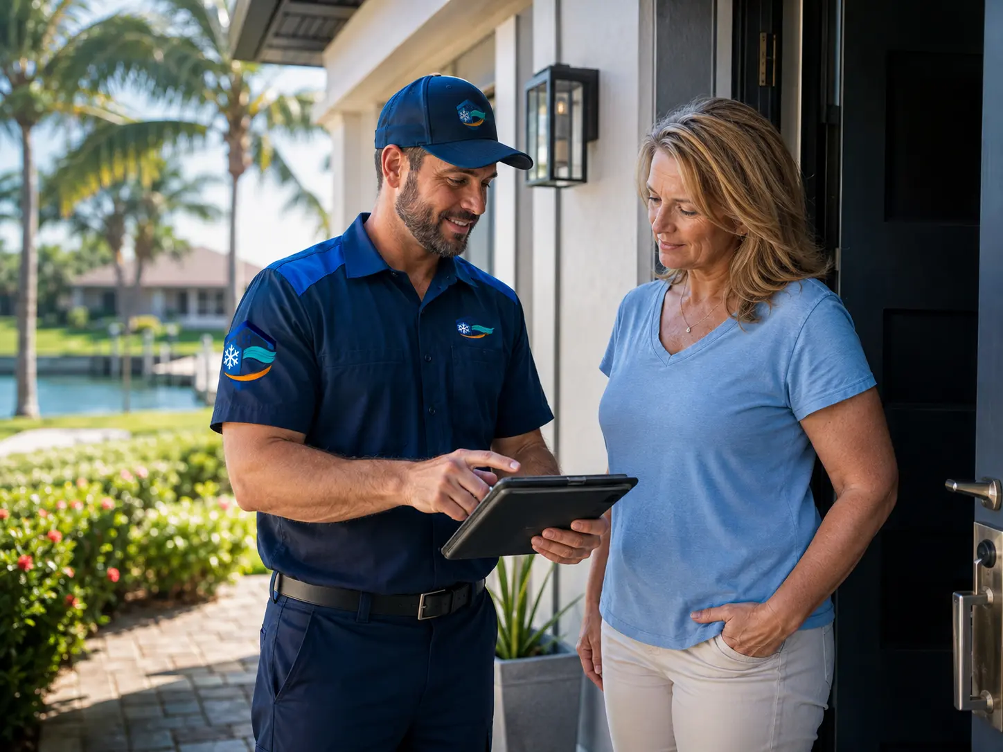 AC technician showing diagnostic findings on a tablet to a homeowner outside a Cape Coral home