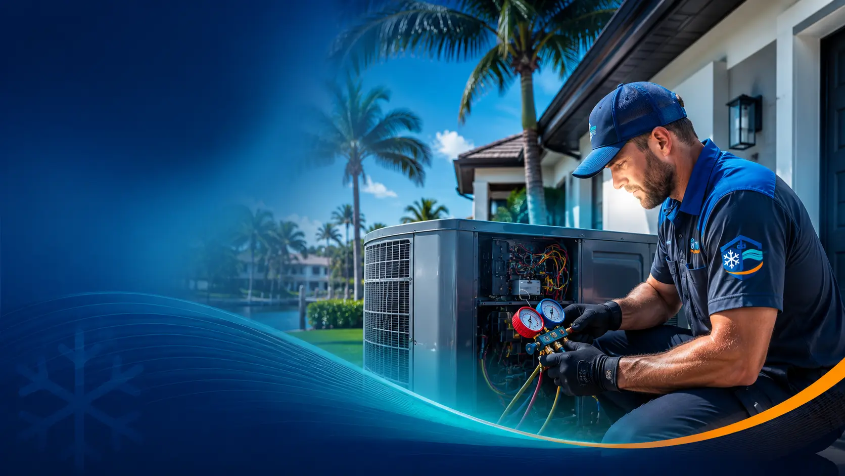 HVAC technician checking refrigerant pressures on an outdoor AC condenser at a Cape Coral home